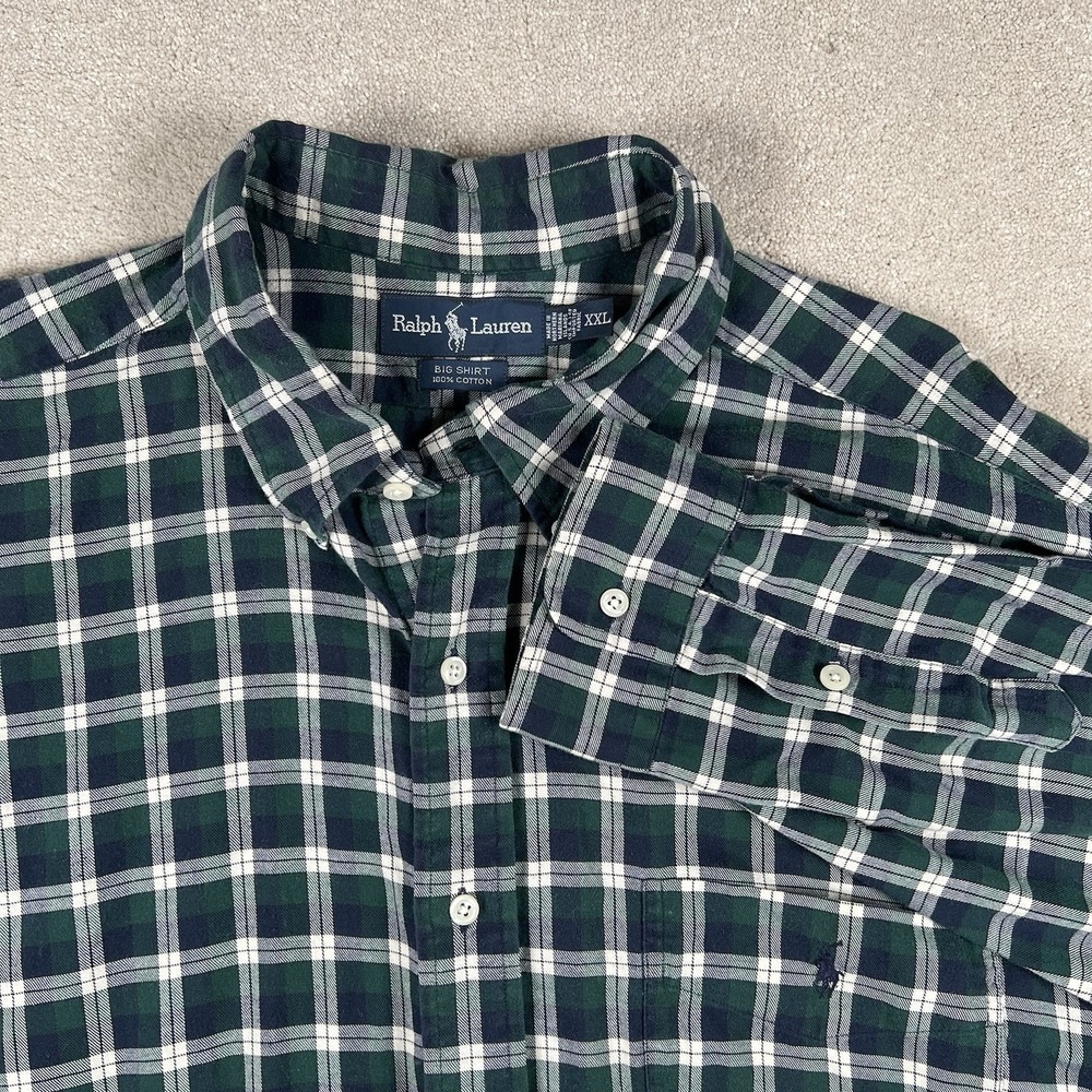 Ralph Lauren Big Shirt 100% Cotton Plaid Button Down Green Blue Pony Men's XXL